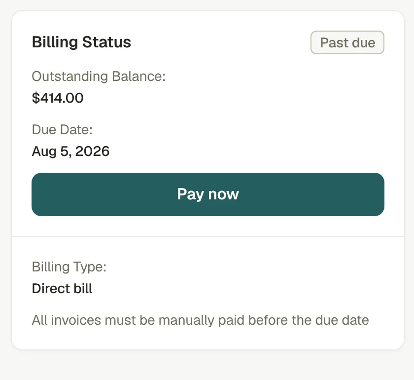 Billing status card marked past due, with the balance, the due date and a Pay now button