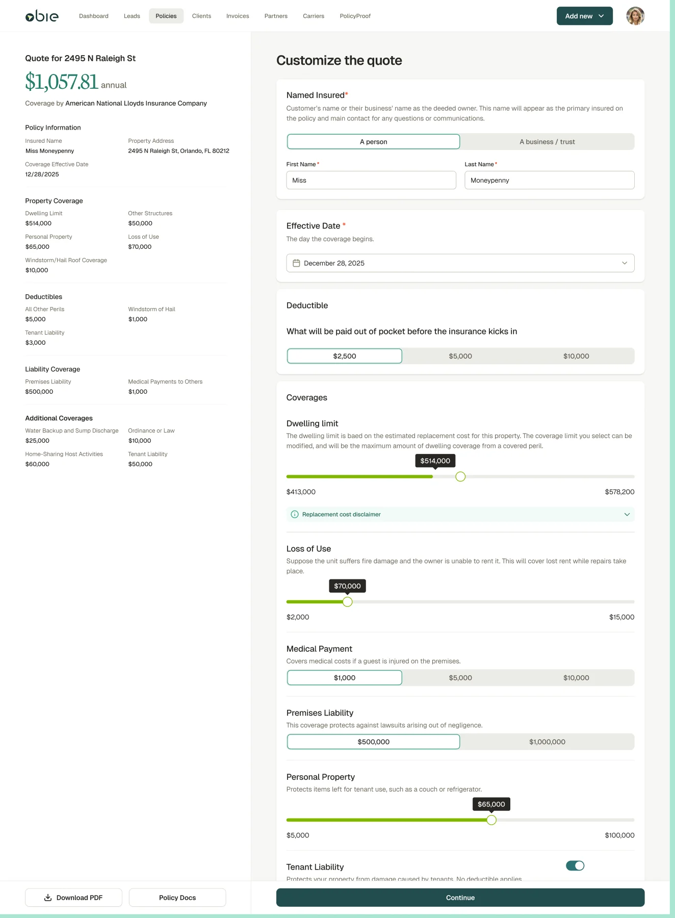 The quote builder: on the left, the quote document with every coverage and deductible; on the right, the controls that set them